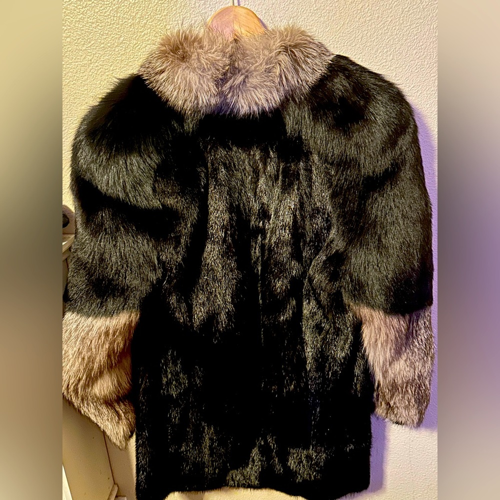 Vintage Black Mink Coat With Indigo And Black fox Sleeves And Tuxedo Collar